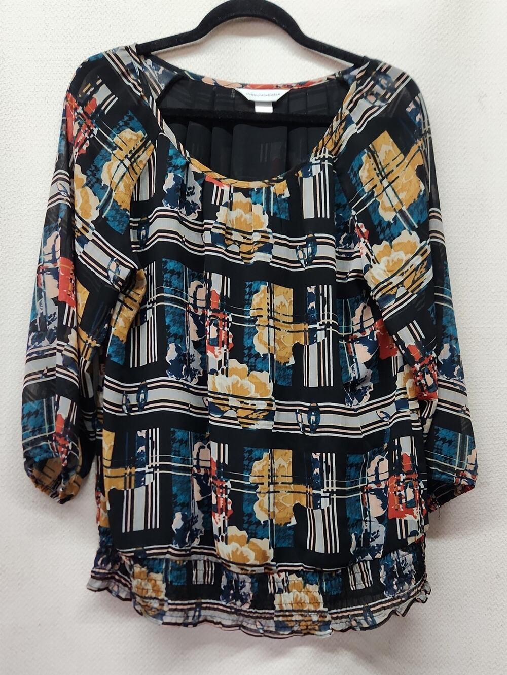 Christopher & Banks Black Floral Stripe Scoop Neck Blouse